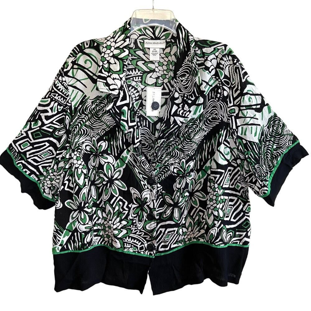 Anna Maxwell Crepon Jacket Topper Button Up Green Black White Size 2X